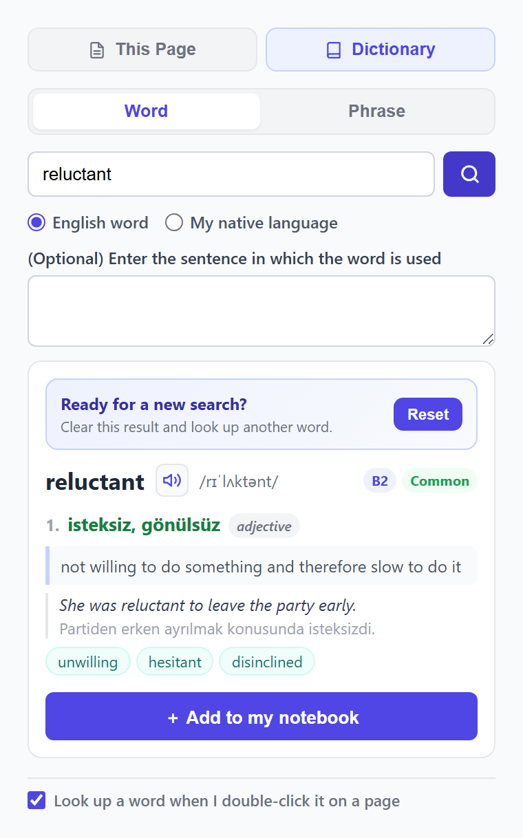 “reluctant” kelimesinin anlamını, telaffuzunu ve CEFR seviyesini gösteren Dejavu sözlük eklentisi