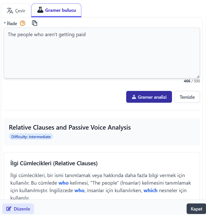 Verilen cümledeki gramer konularını öğren